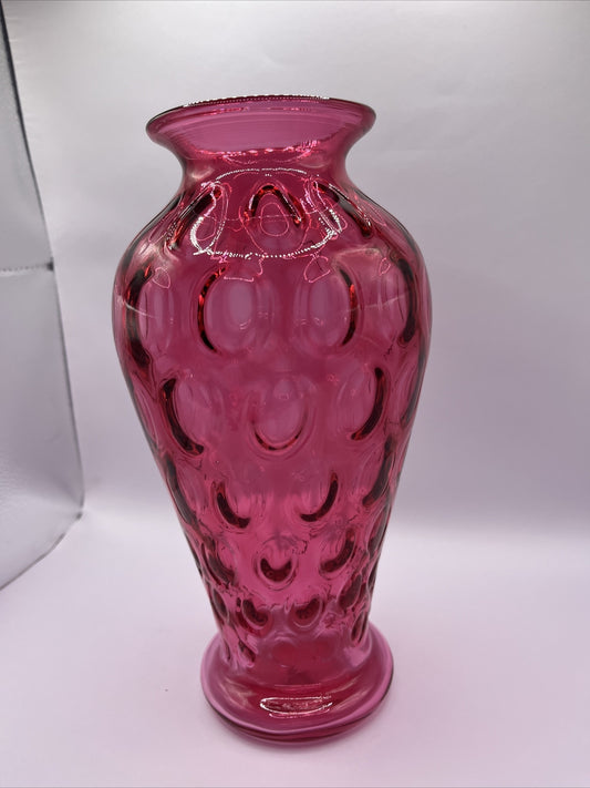 Fenton Cranberry Glass Inverted Thumbprint Vase Original Sticker 9.34”