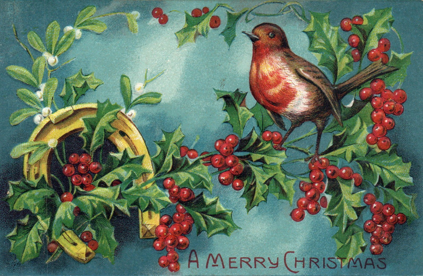  Embossed Bird on Berry Bush Horse Shoe Christmas Postcard 841