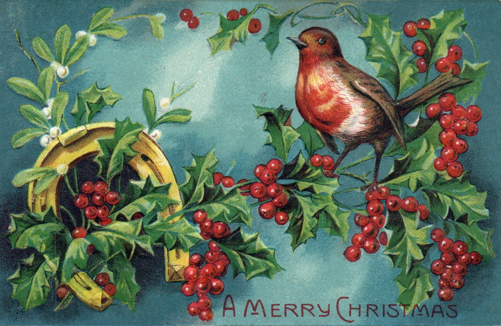  Embossed Bird on Berry Bush Horse Shoe Christmas Postcard 841
