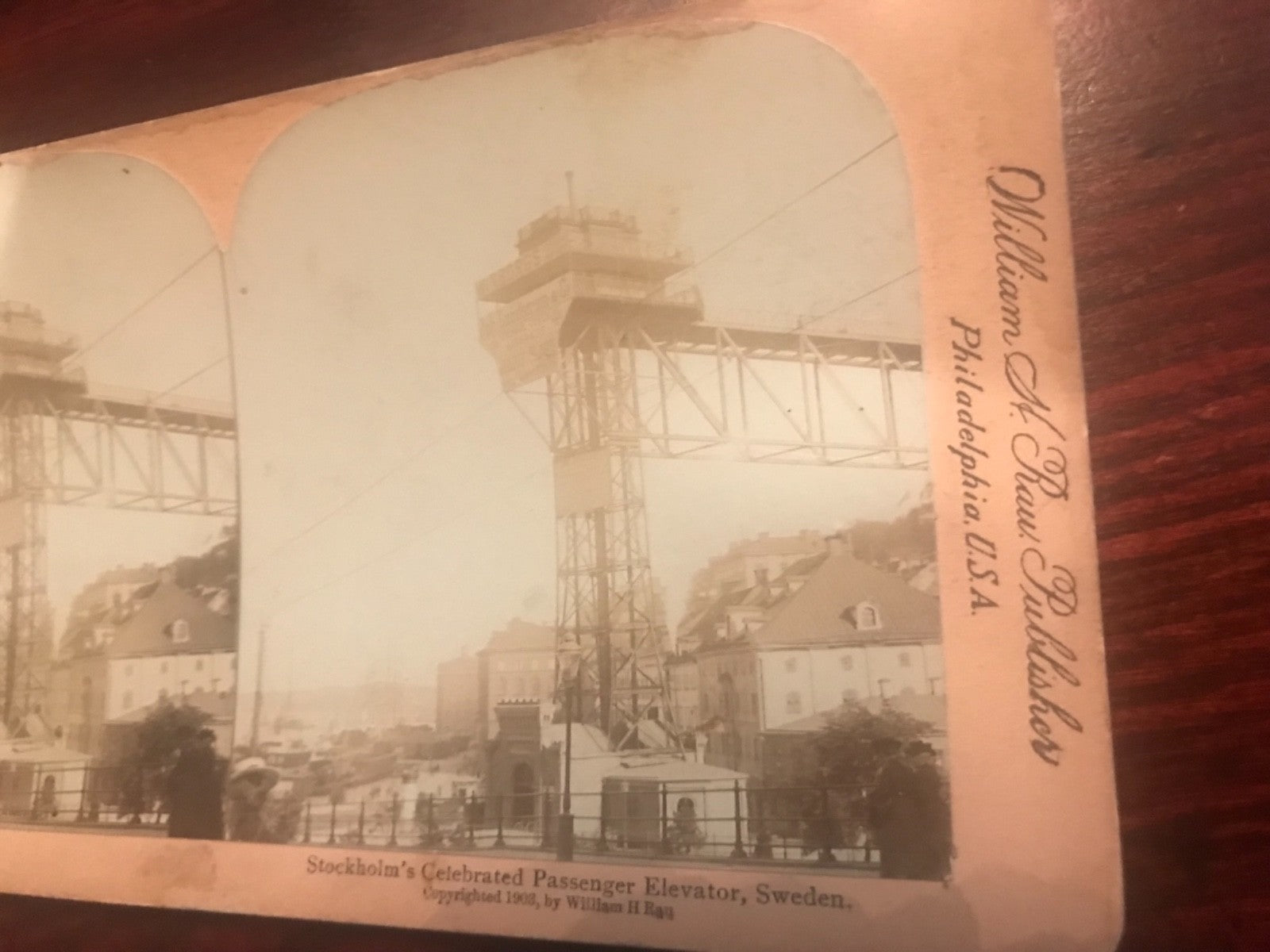 Real photo stereoview Stockholm Sweden Celebrated Passenger Elevator 