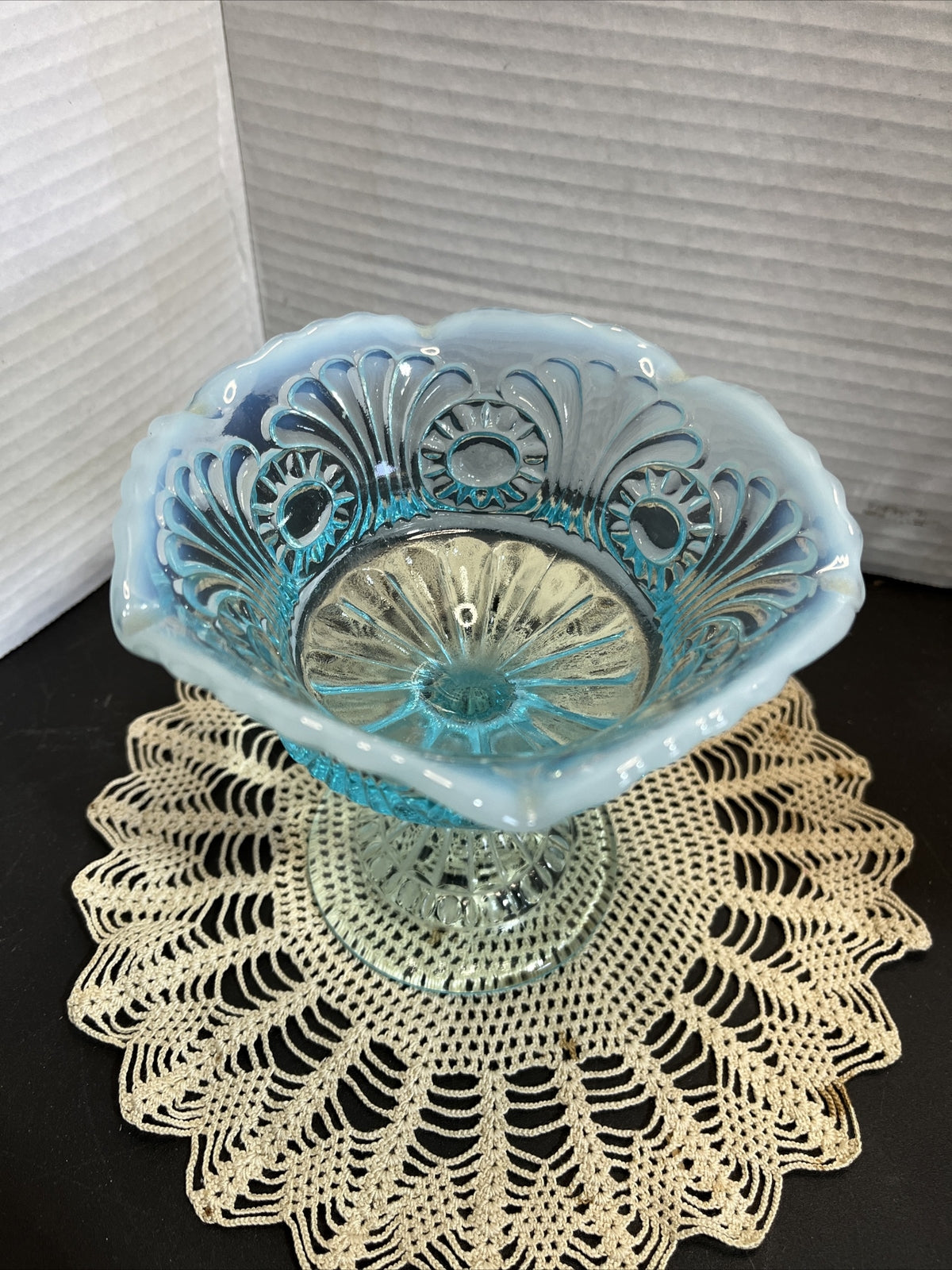 Vintage Blue Fenton Opalescent Glass Pedestal Candy Dish