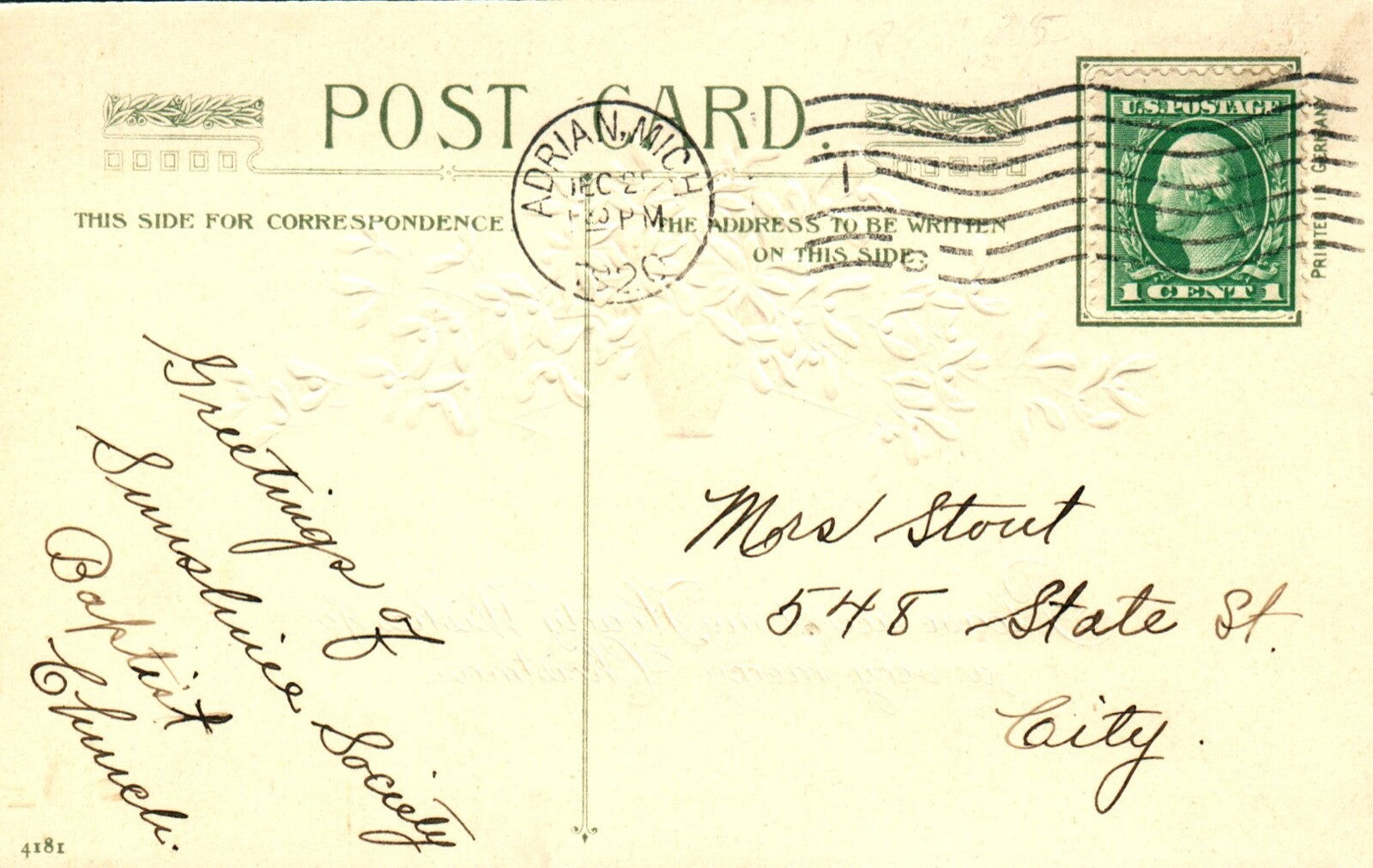 John Winsch Hearty Wishes for a Very Merry Christmas Vintage Poinsettia Postcard