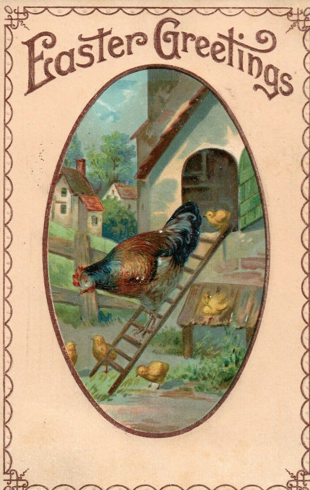 Hen and Chicks Exit the Hen House Farm Life Vintage Easter Greeting Postcard 