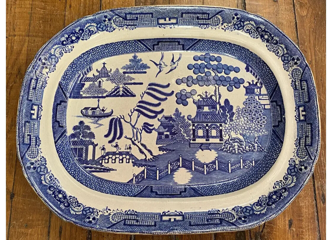 c1860 Staffordshire Adams Blue Willow Antique Platter 17" x 13" White
