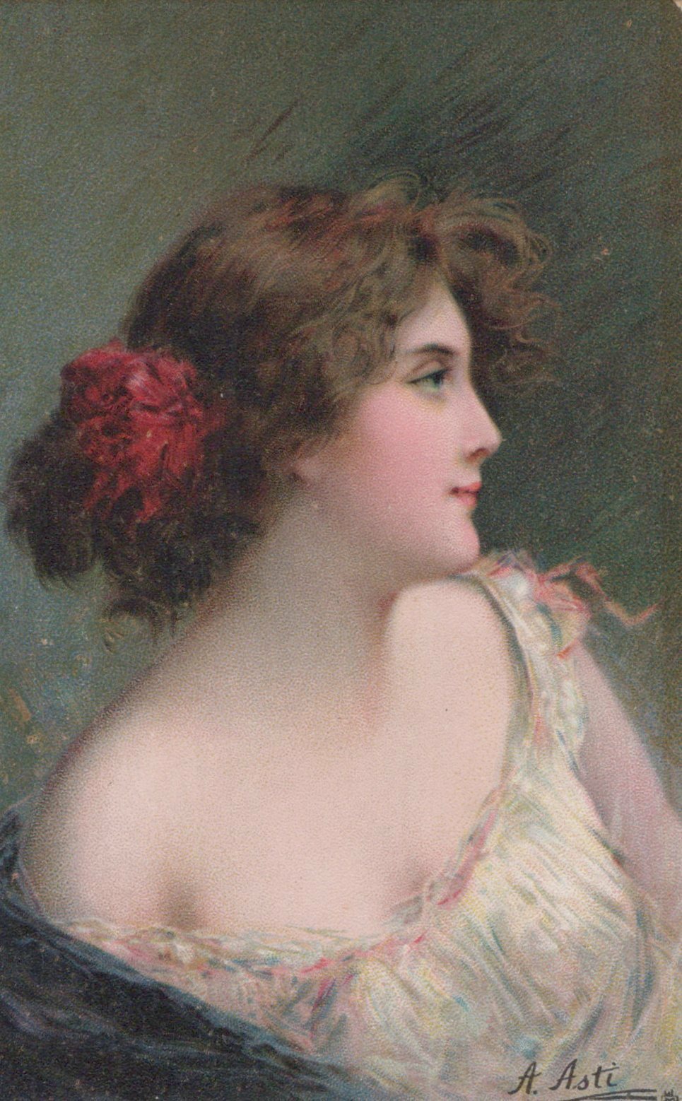 Artist Signed A Asti Raphael Tuck & Sons Irene with Red Bow in Brown Hair