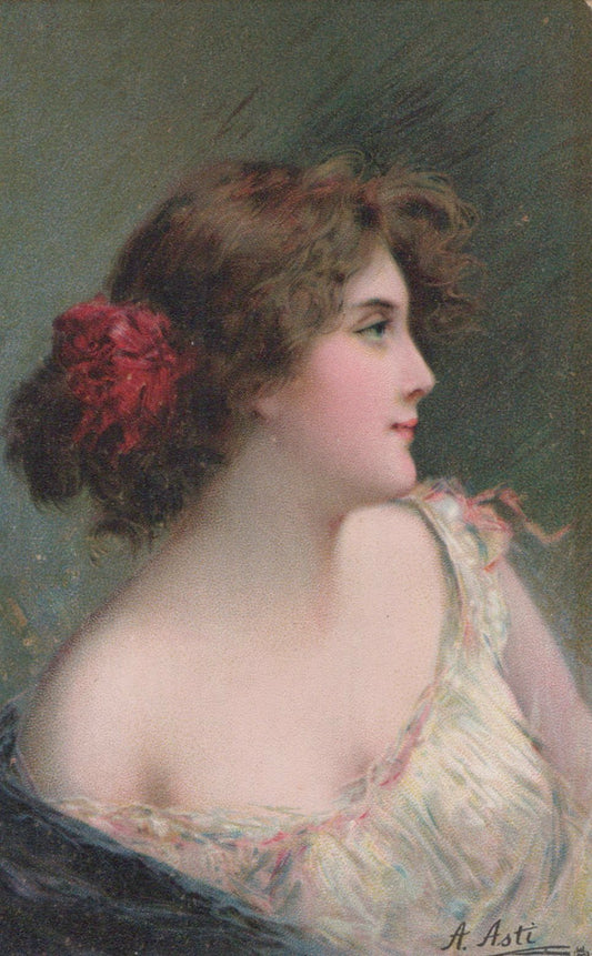 Artist Signed A Asti Raphael Tuck & Sons Irene with Red Bow in Brown Hair