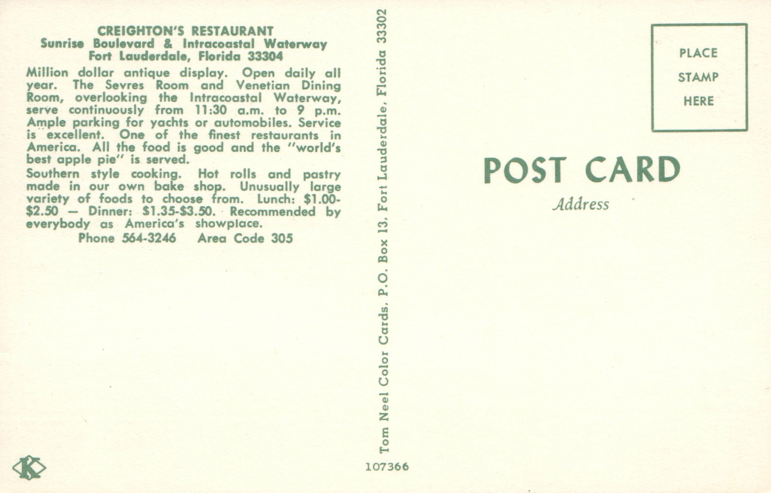 Creightons Restaurant Fort Lauderdale Florida FL Nighttime View Postcard