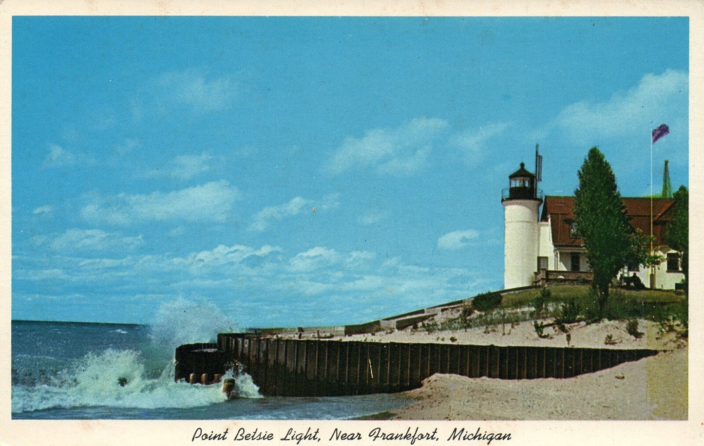 Lighthouse Frankfort Michigan MI Point Betsie Light  Beach PM 1972 Vtg Postcard