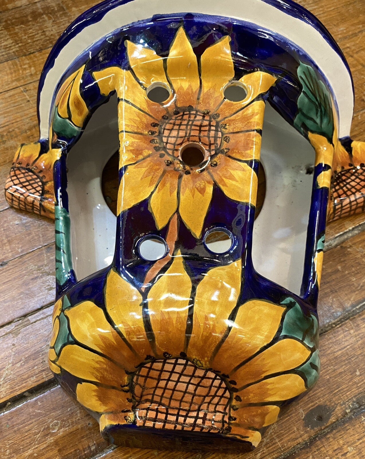 vintage Terracotta Pottery Wall Pocket Planter Mexican Talavera 1980's Sunflower