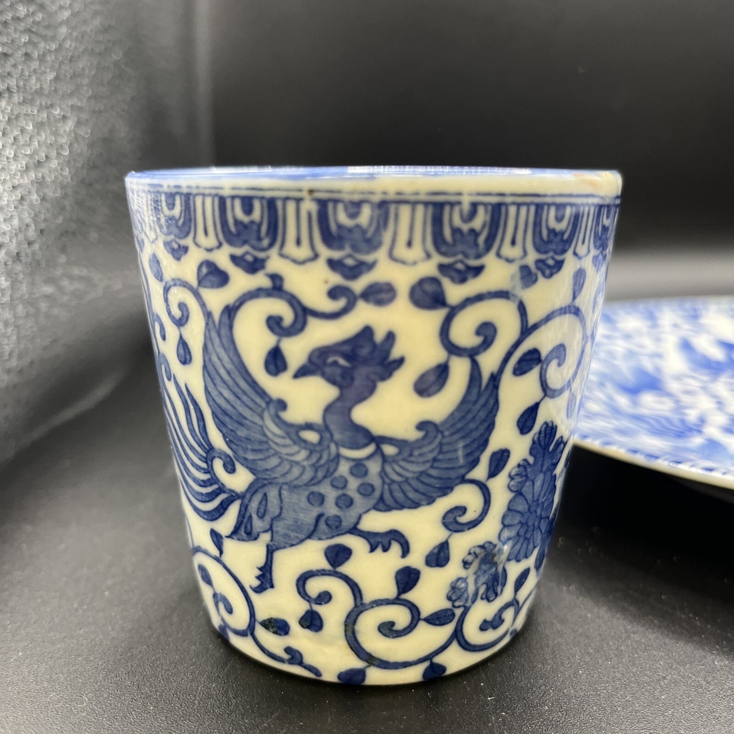 Vintage Phoenix Bird Blue & Demitasse Handless Cup & sandwich Plate Set
