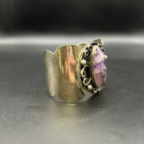 Vintage Hecho Mexico Sterling Silver 925 Amethyst Native Cuff Bracelet