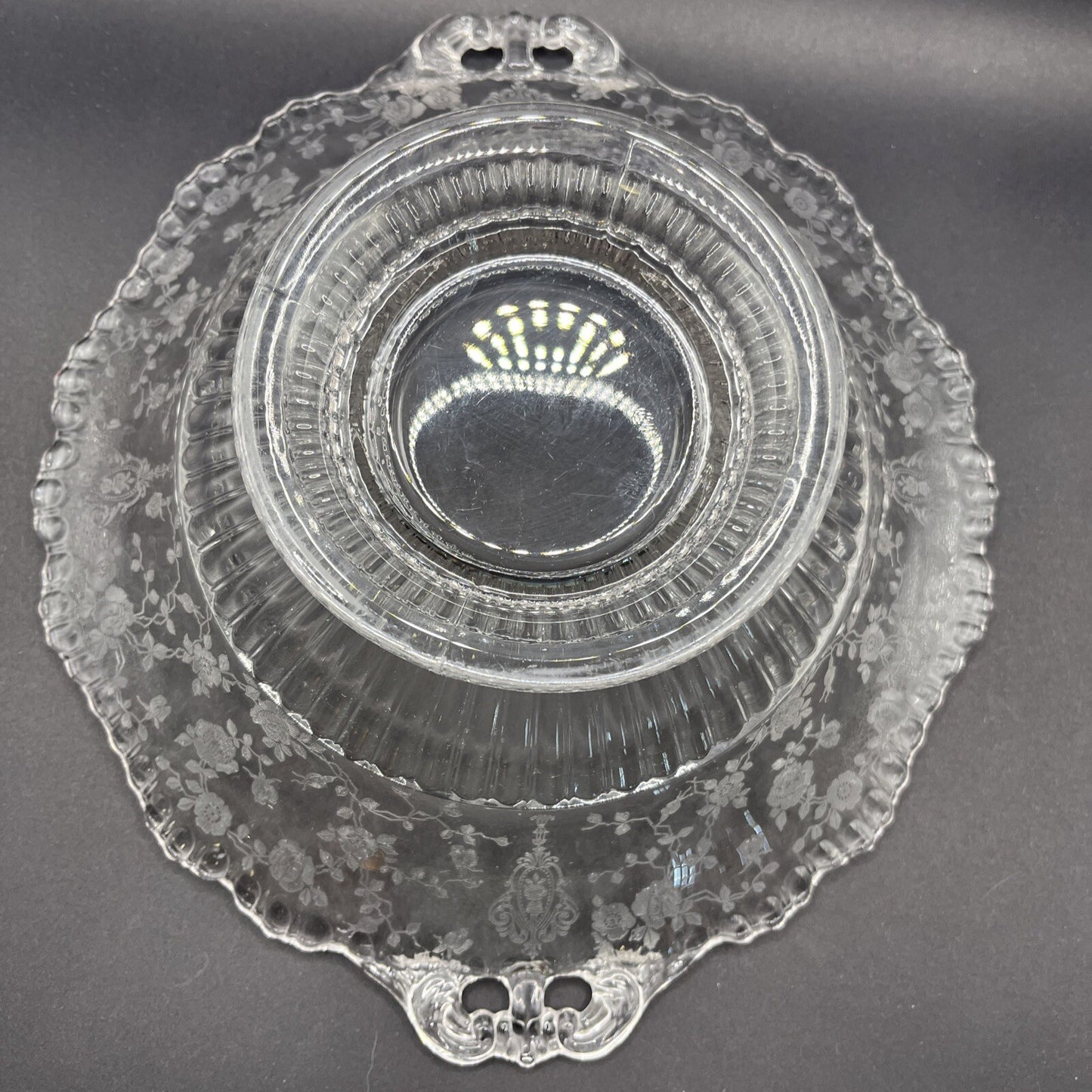 CAMBRIDGE GLASS CO  ROUND FOOTED CONSOLE BOWL - GRAY CUT FLORAL DECOR 10”