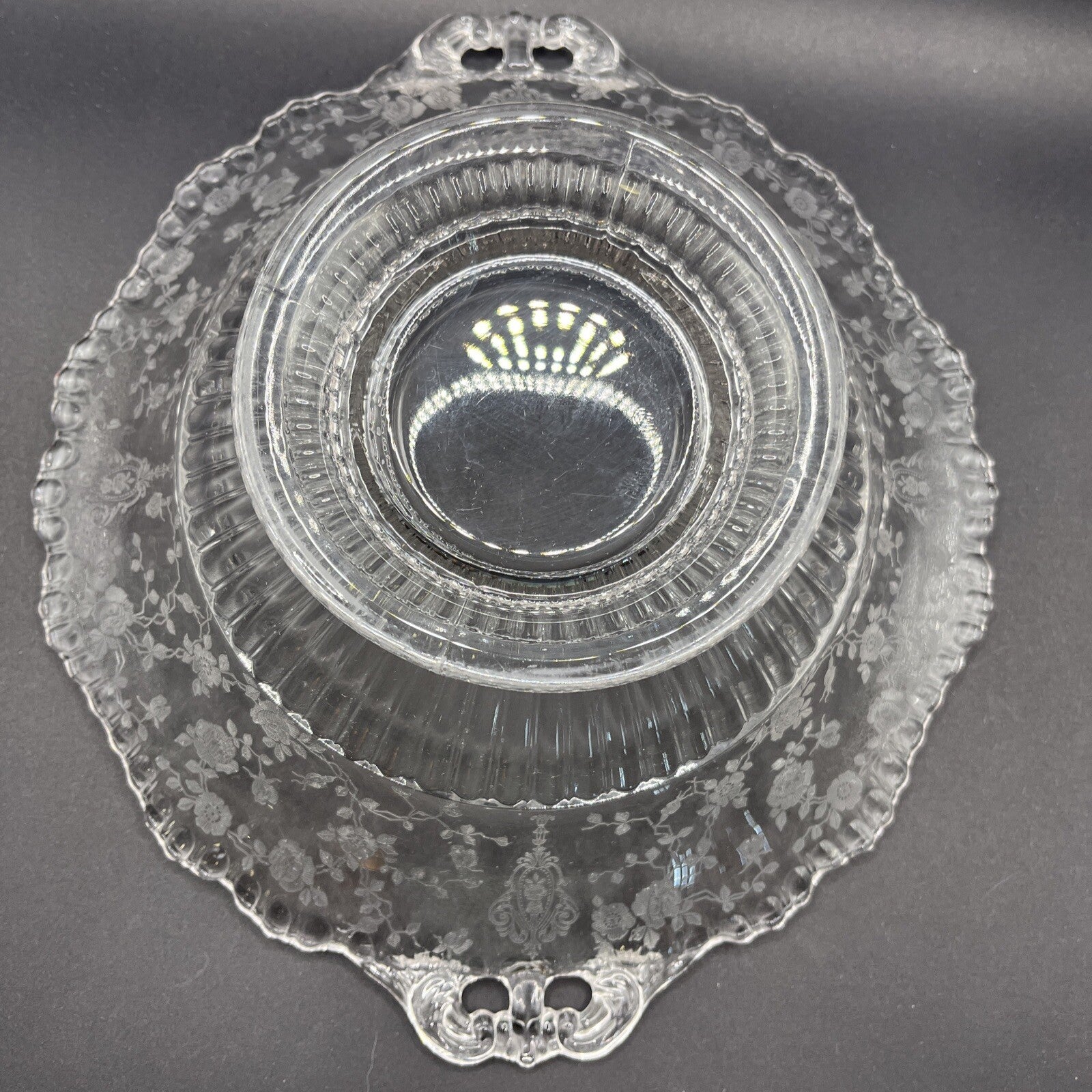 CAMBRIDGE GLASS CO  ROUND FOOTED CONSOLE BOWL - GRAY CUT FLORAL DECOR 10”