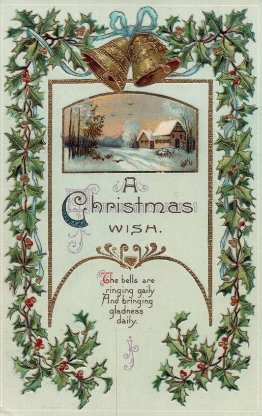Gold Gilt Gel Christmas Wish Scenic vintage Postcard Holly