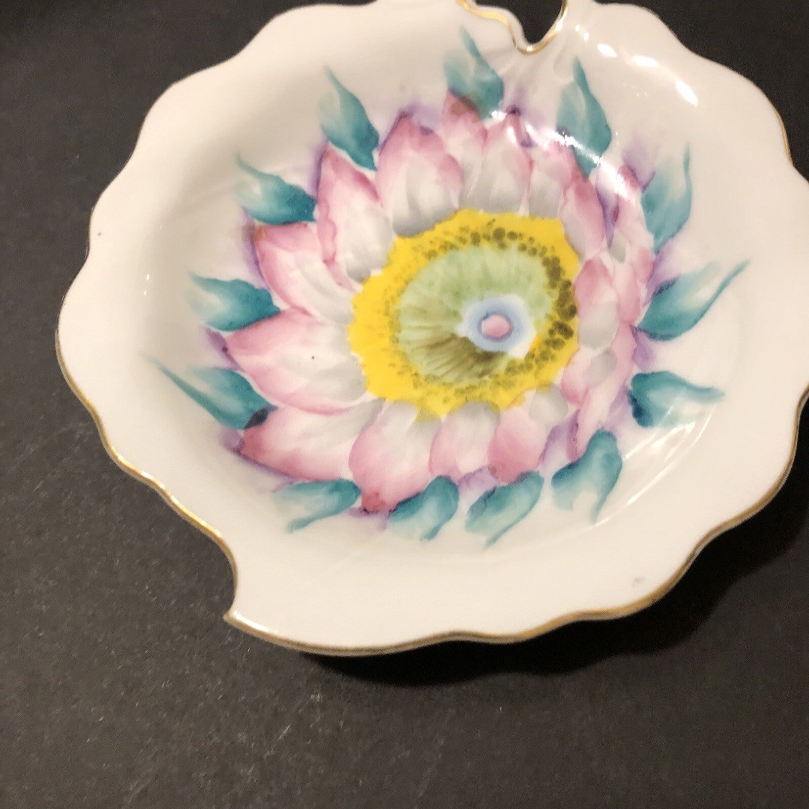 Trimont Trinket Dish 4" x 5” Hand Painted China Leaf Shape Floral Gold Trim