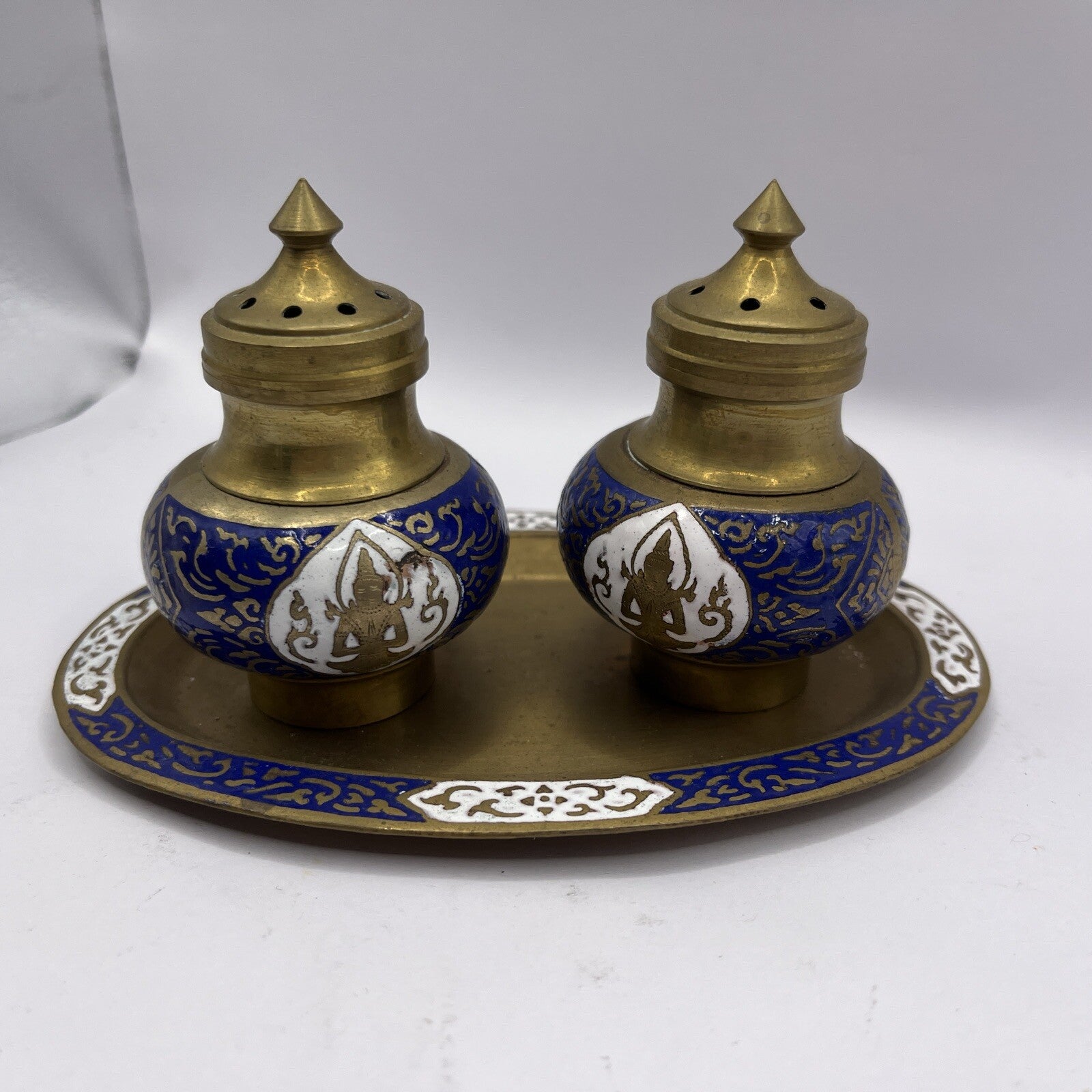 Vintage Brass Blue Enamel Salt Pepper Shakers Holder Tray set used