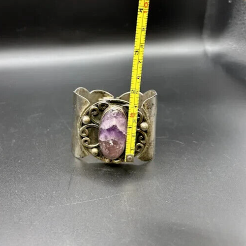 Vintage Hecho Mexico Sterling Silver 925 Amethyst Native Cuff Bracelet