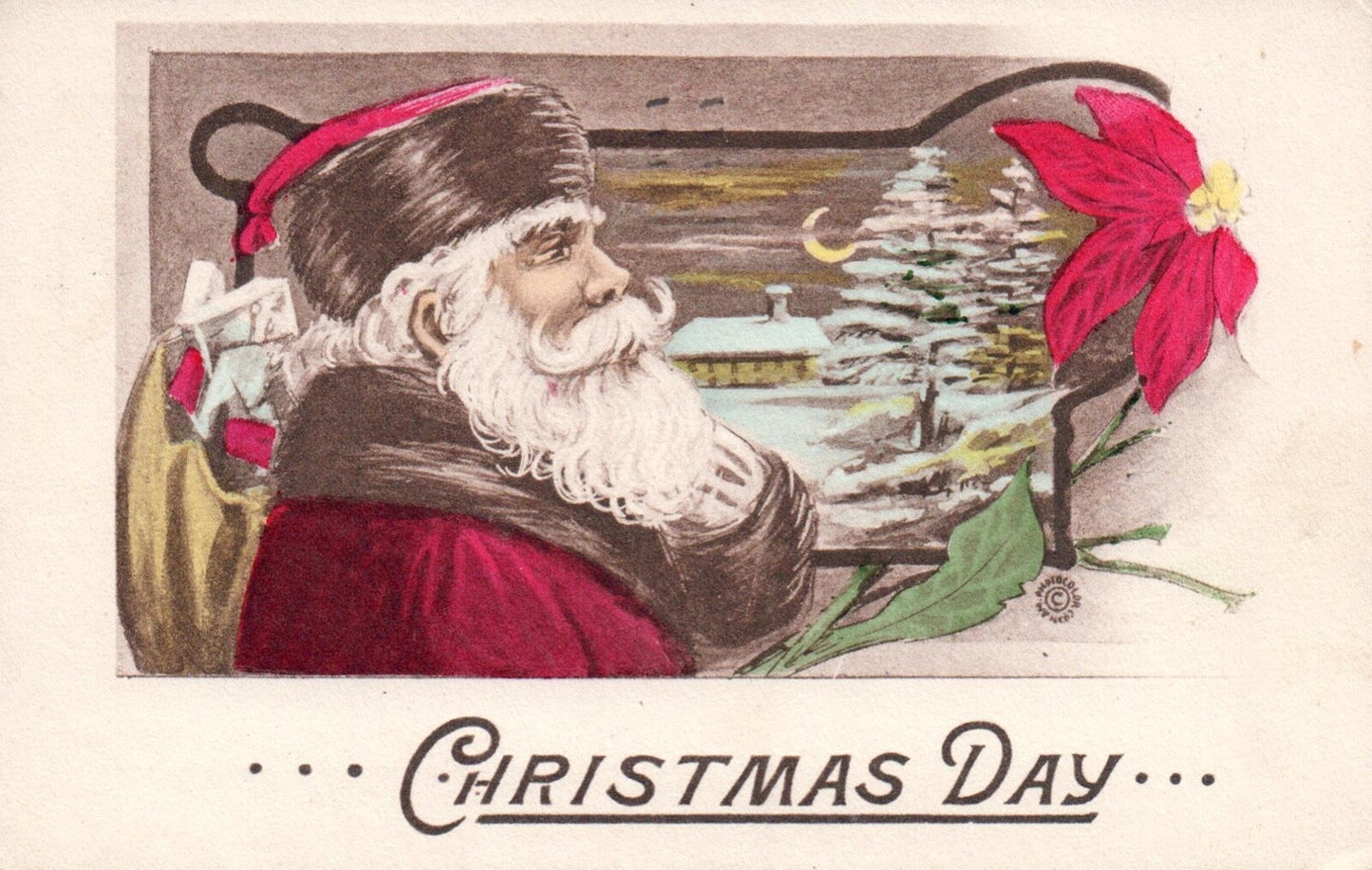 Christmas Day Santa With Poinsettia Carrying Gifts Vtg Santa Postcard
