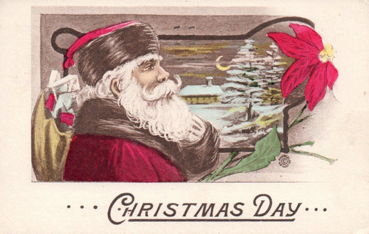 Christmas Day Santa With Poinsettia Carrying Gifts Vtg Santa Postcard