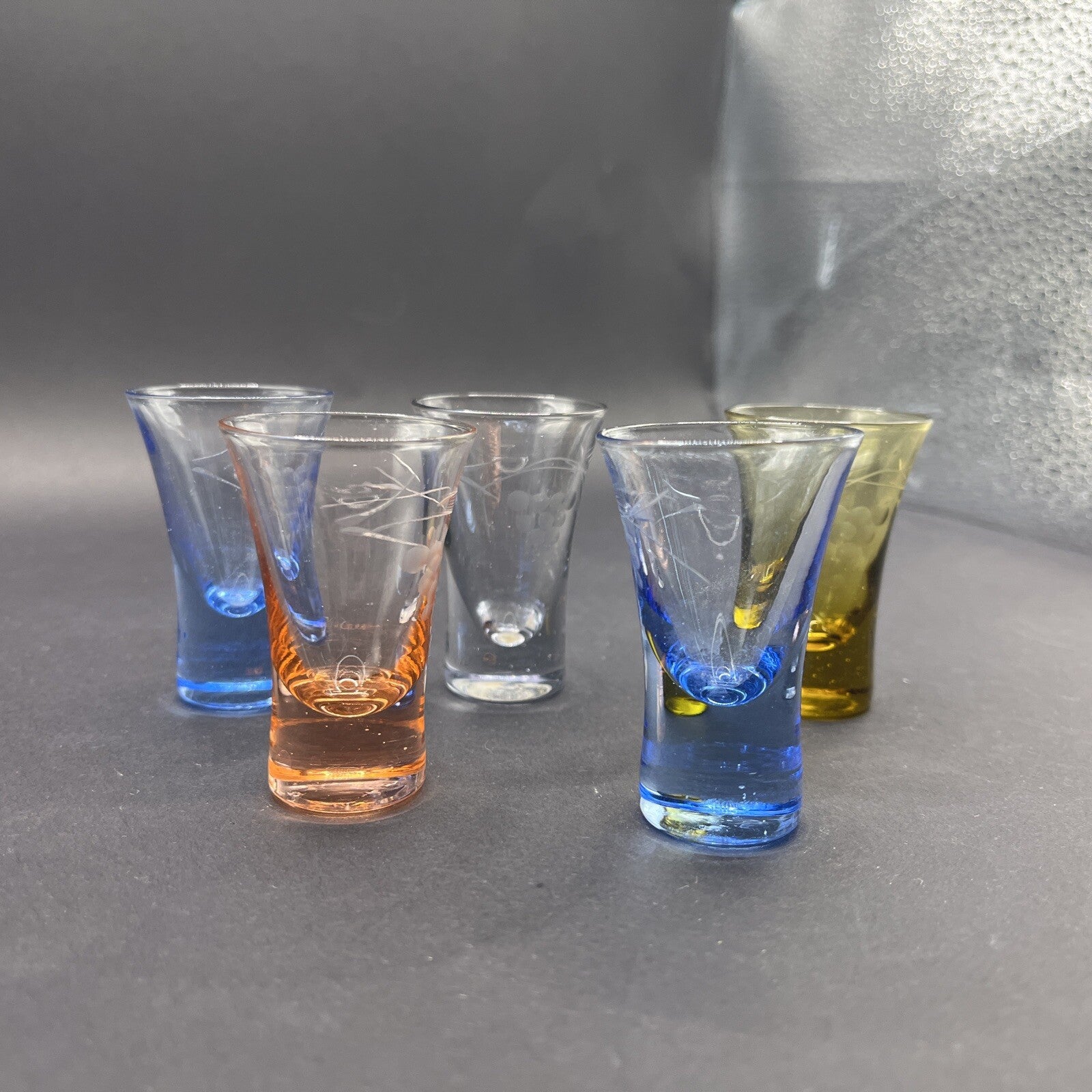 Barware VTG Shot Glass Set Of 5 Pastel Colored Bottoms Multi Color. 3.5" Tall