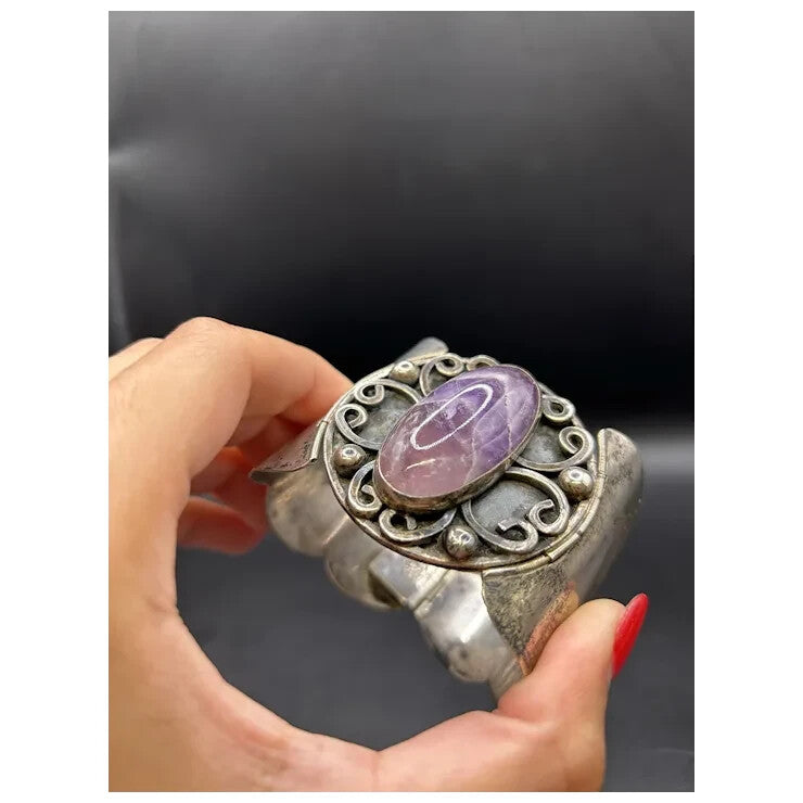 Vintage Hecho Mexico Sterling Silver 925 Amethyst Native Cuff Bracelet