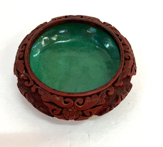 Vintage Carved Chinese 4 1/4" Red and Green Cinnabar Bowl