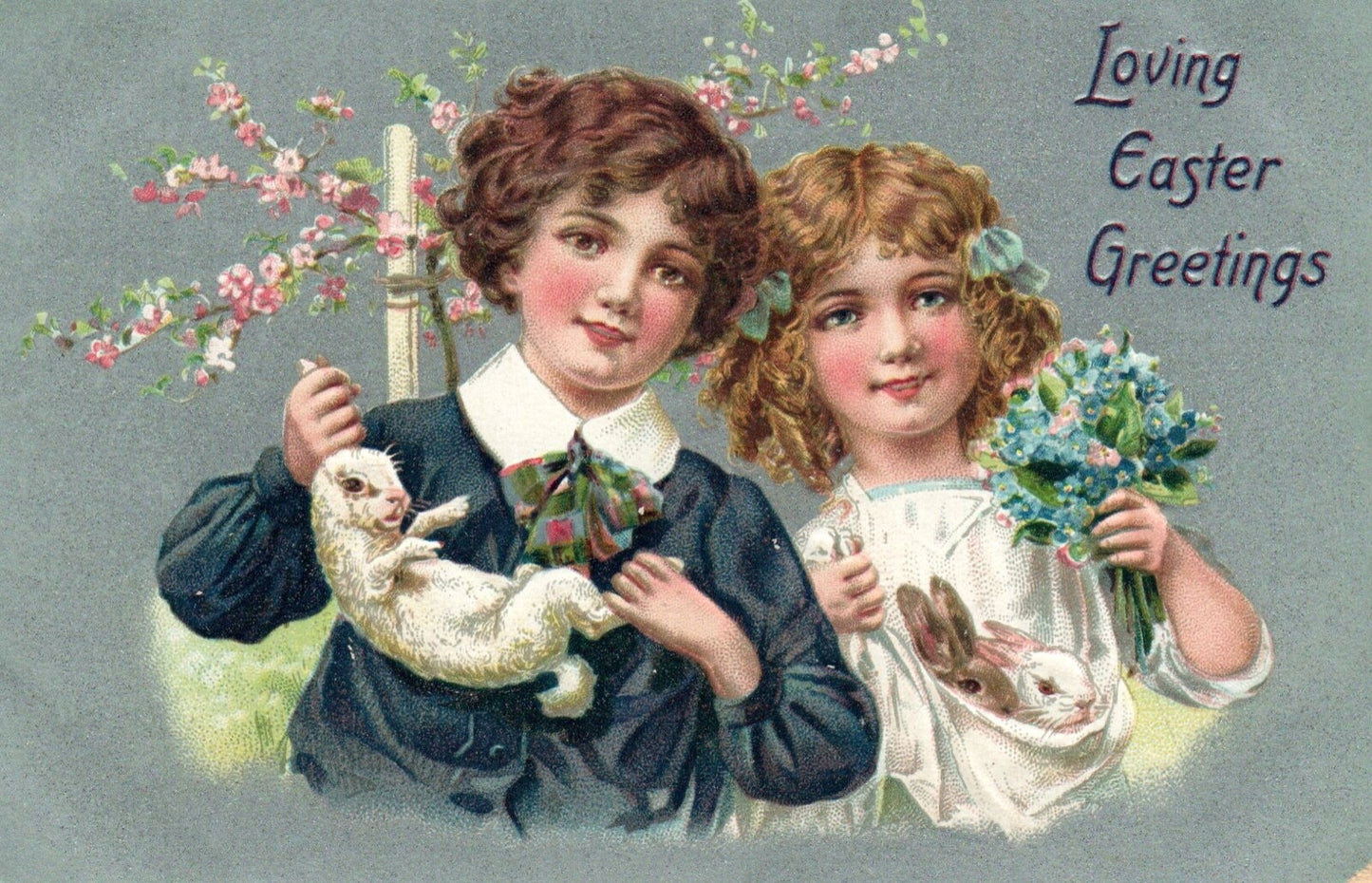 Loving Easter Greetings Children Holding White Rabbits Vintage Easter Postcard