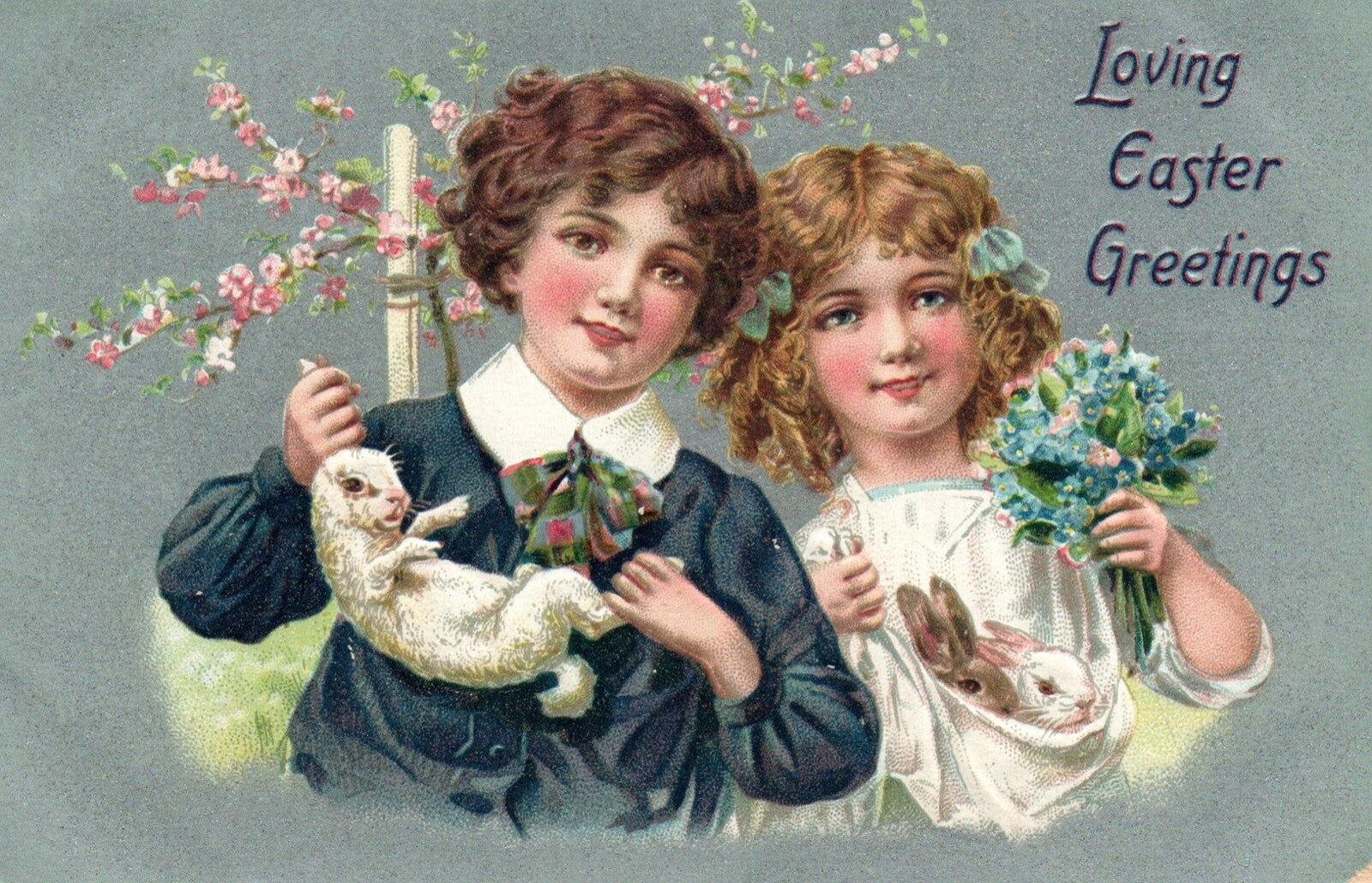 Loving Easter Greetings Children Holding White Rabbits Vintage Easter Postcard