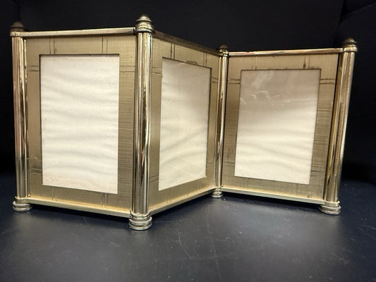 RARE 1950's - 60's Swiss Machine man-Made Brass Tri-Fold Picture Frame MCM Gold