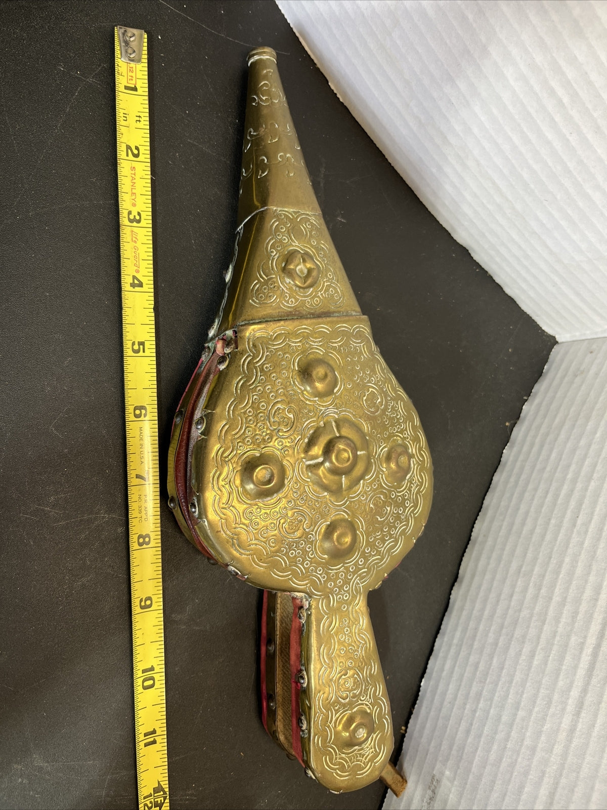 Antique French Handmade Repousse Brass Wood Fireplace Bellow