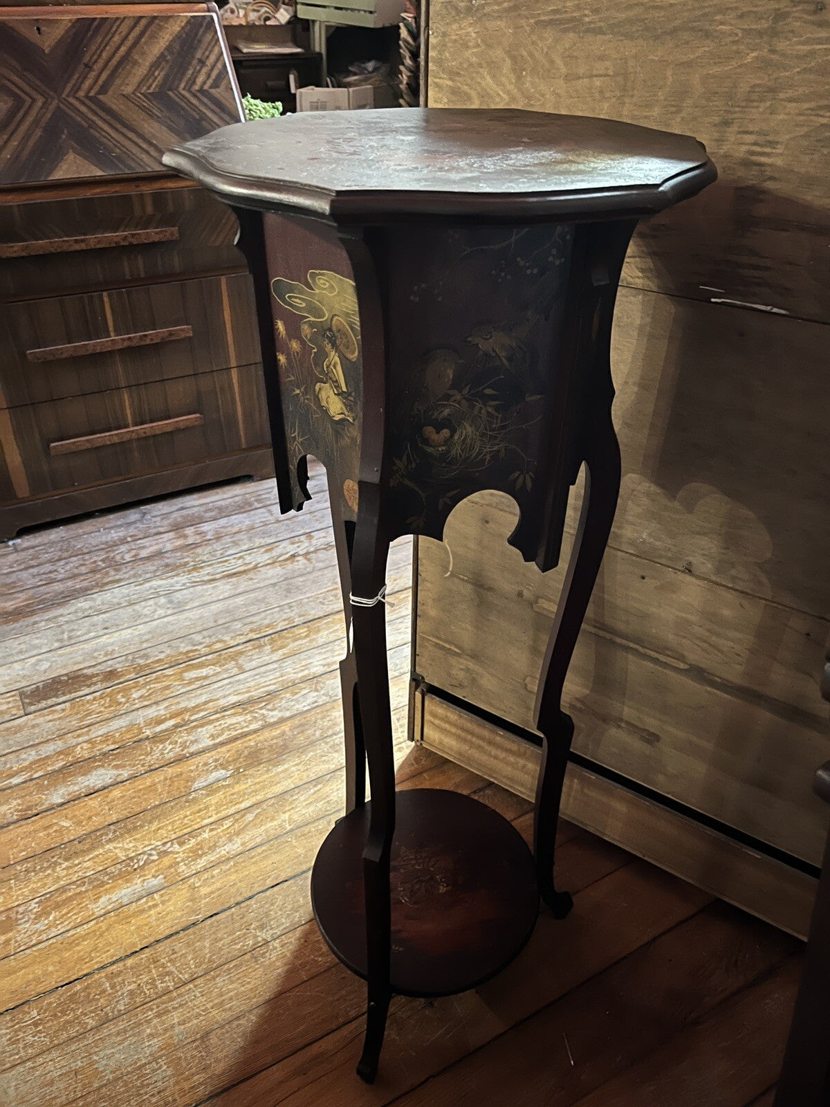 Antique French Wood Pedestal Plant Stands Hand Painted Scenes