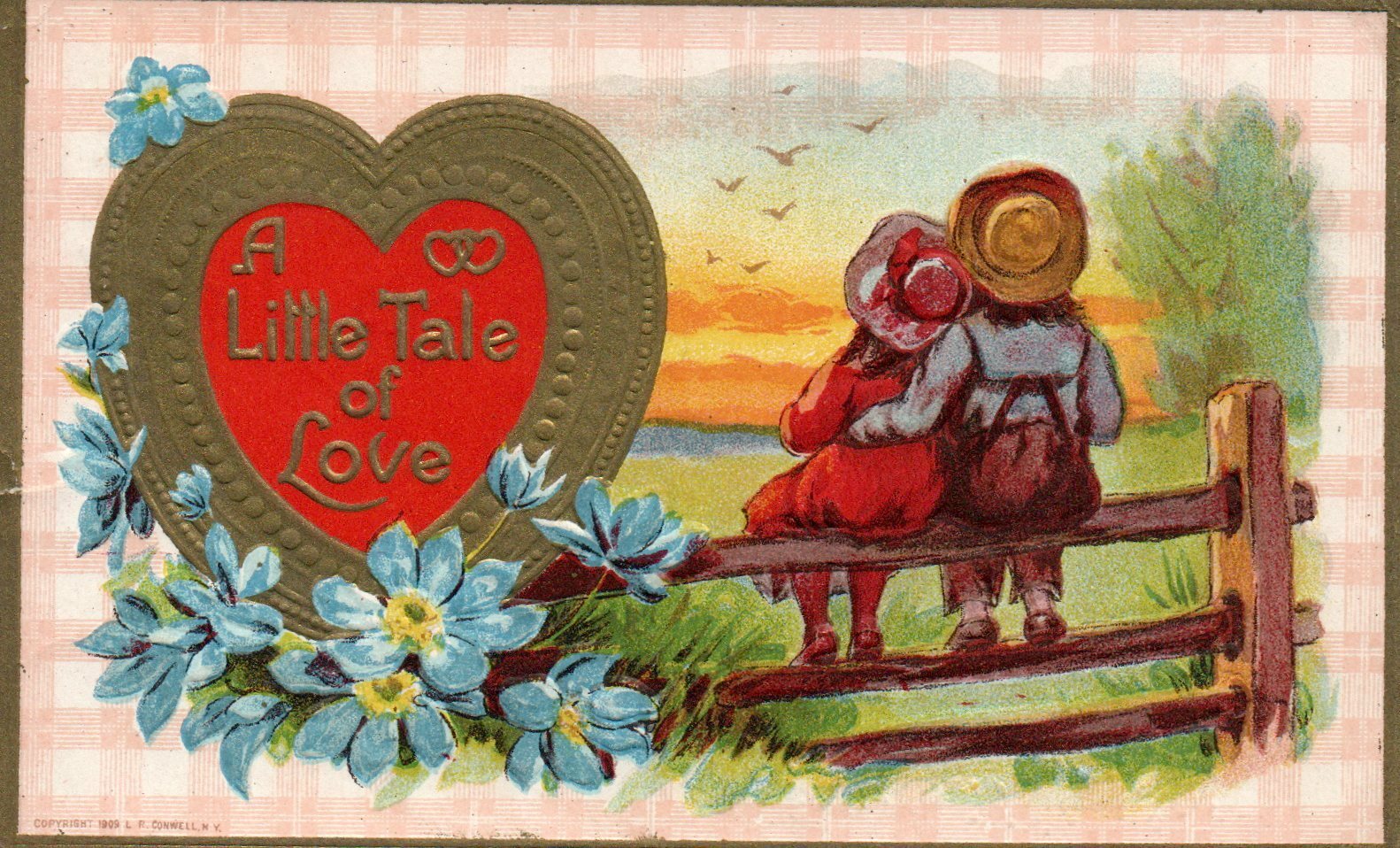 Couple Sit on Fence Watching Sunset Blue Flowers Gold Valentines Postcard 264