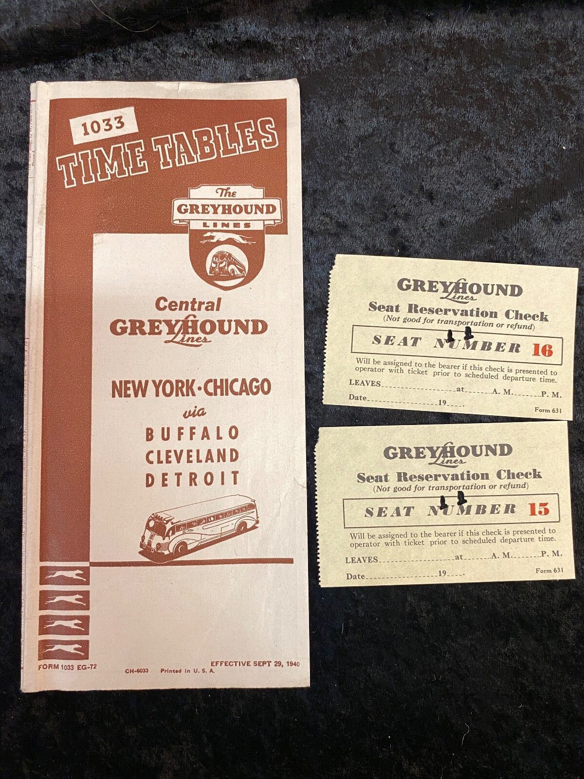 Central Greyhound Lines 1033 Time Tables & Two Tickets New York Chicago Pamphlet
