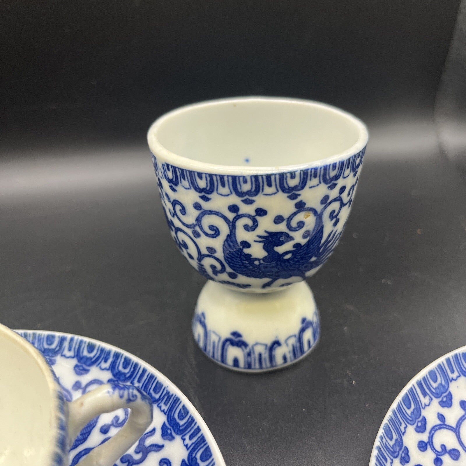 Vintage 2 Blue Chintz Phoenix Bird Cup & Saucer & Egg Cup Made in Japan