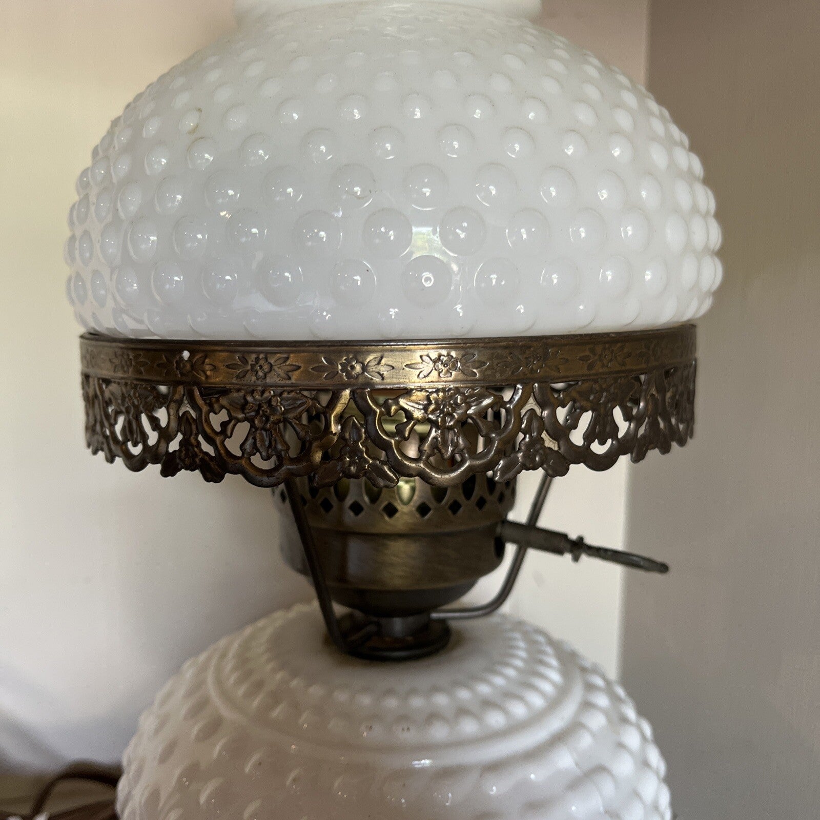 Hobnail Table Lamp Milk Glass Body Globe Parlor Dresser Lamp