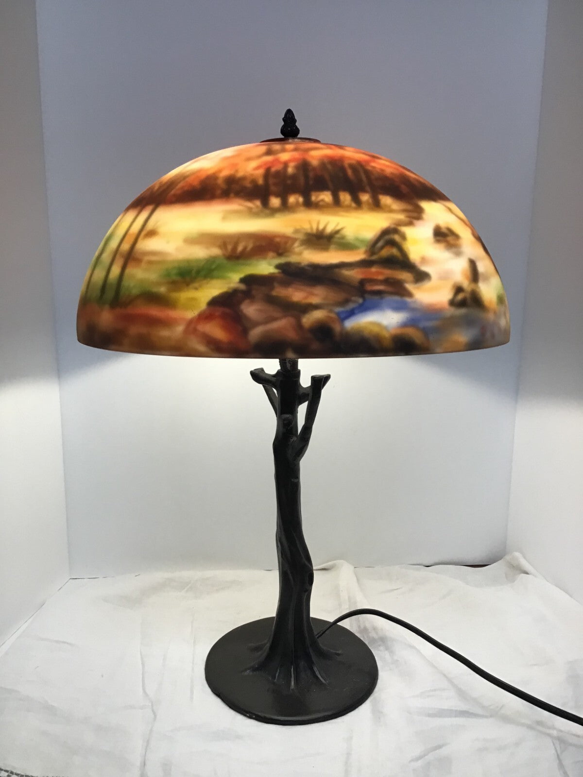 Vintage Scenic Reverse Painted table Lamp light Lighting Tree Base