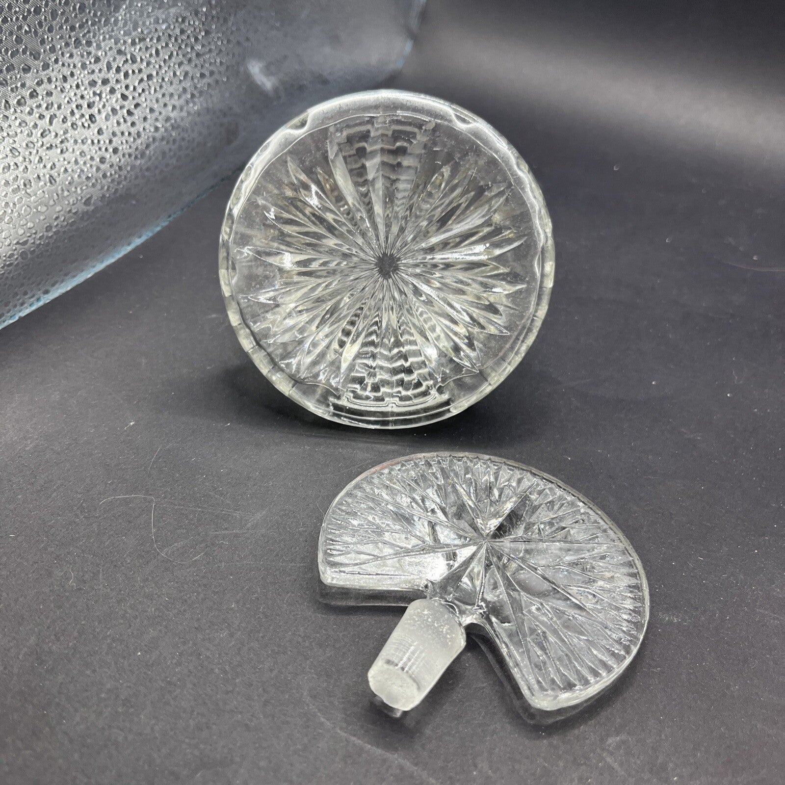 Art Deco Style Pressed Glass Perfume Bottle w/ Fan Star Stopper, Empty, Clear 5"