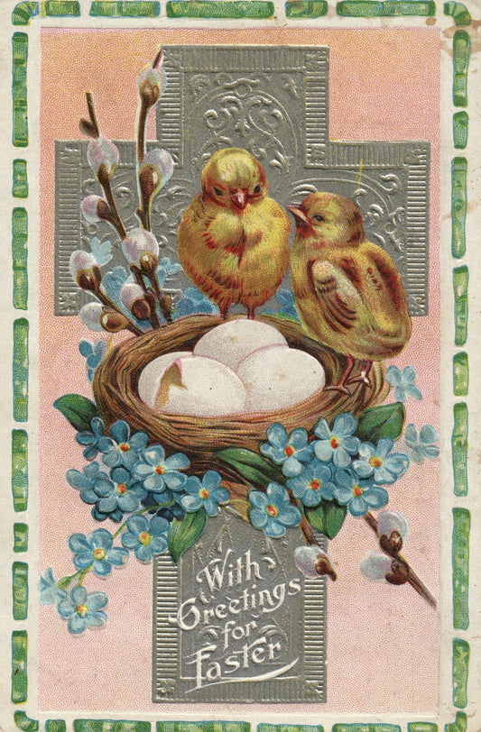 Silver Metallic Cross Chicks Around Eggs in Basket Blue Flowers Easter Postcard