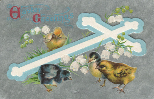 Silver Metallic Chicks Around Blue and White Cross Easter Greetings Postcard