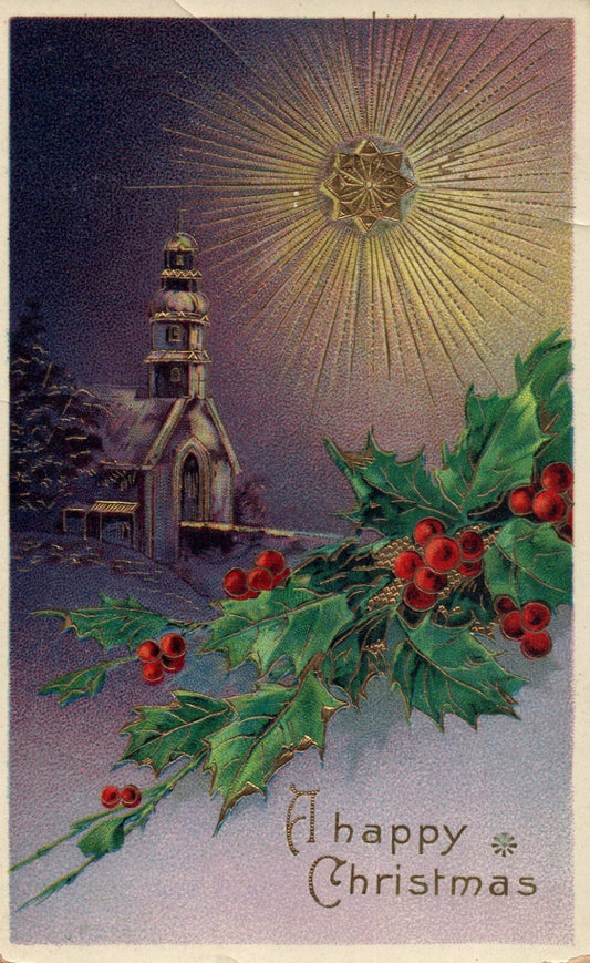 Gold Gilt Gel A Happy Christmas evening church scene star of David 7008