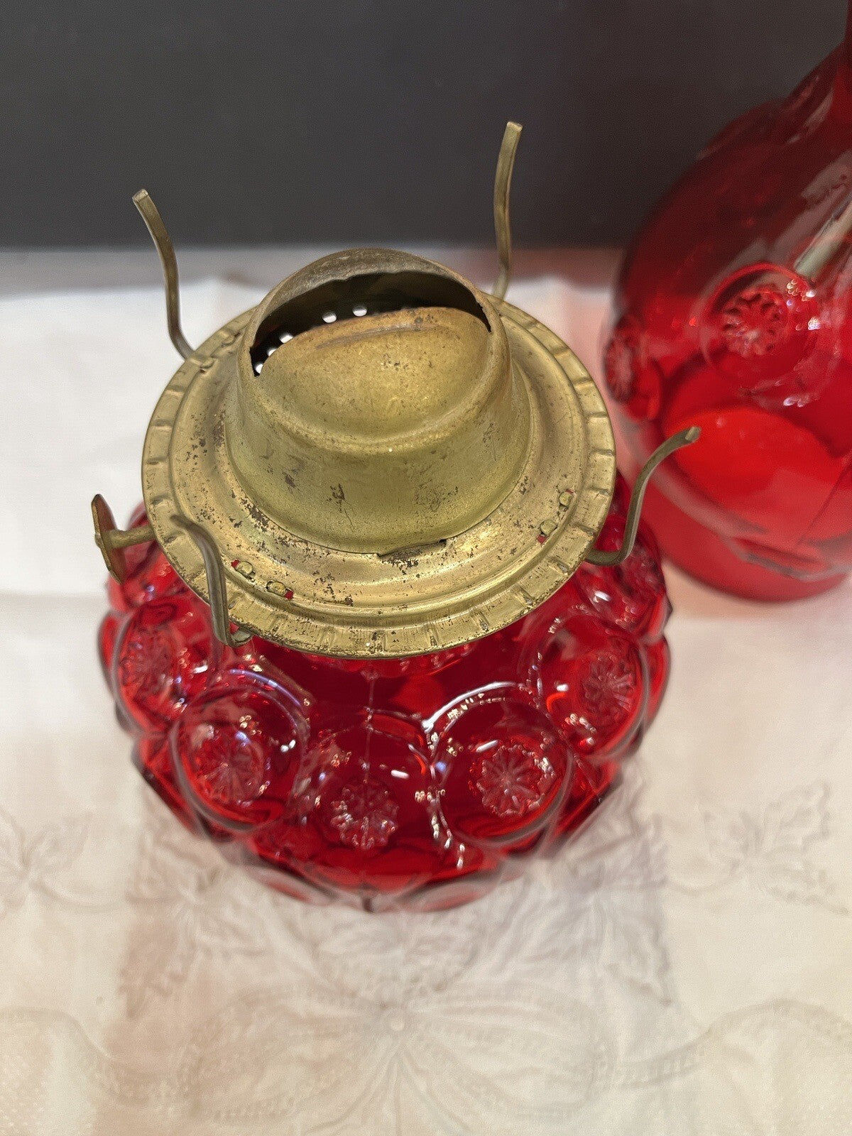 LE Smith Moon and Star Ruby Red Glass Oil Lamp