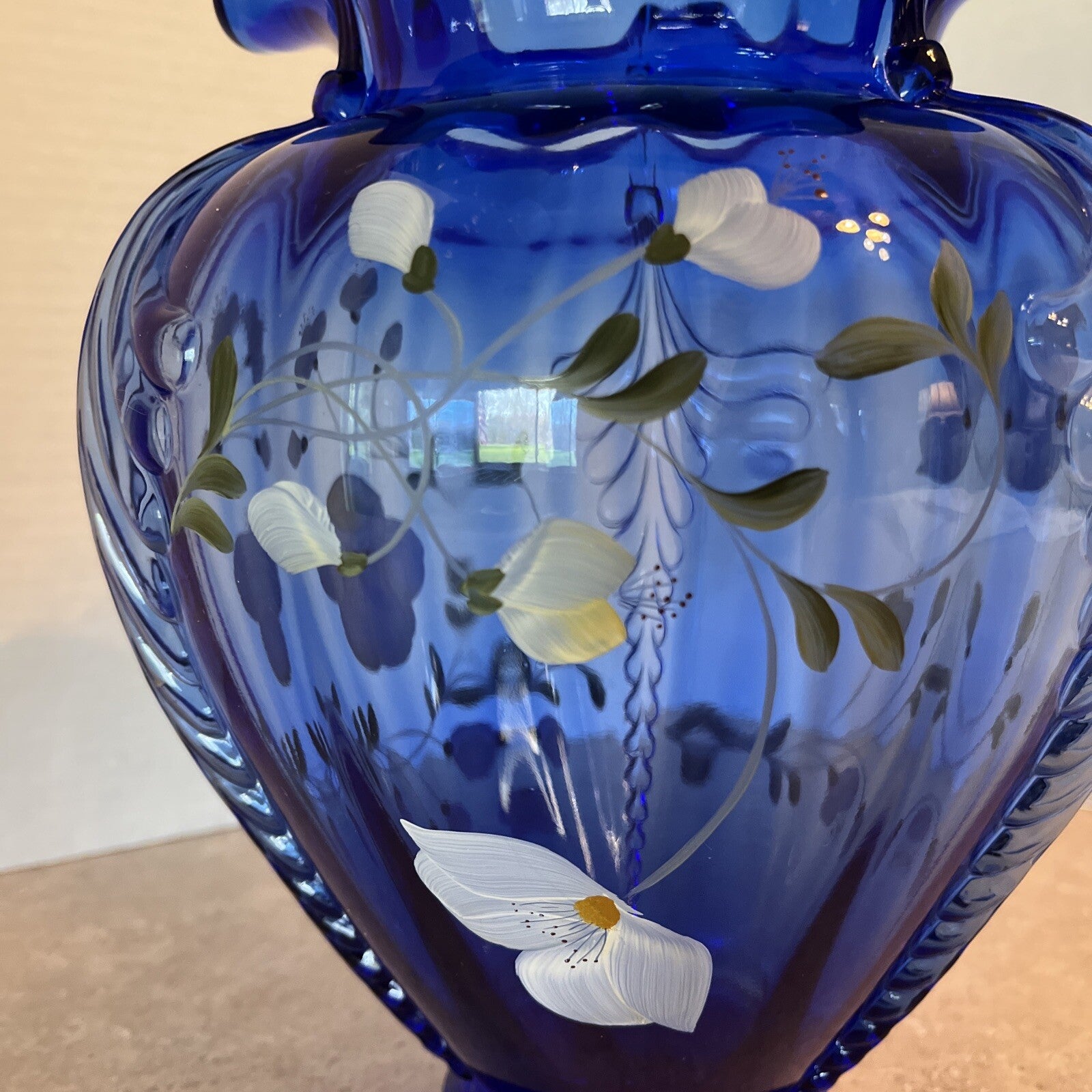 Fenton Glass Cobalt Blue Feathered Belly Vase Signed Shelly Fenton Hand Painted