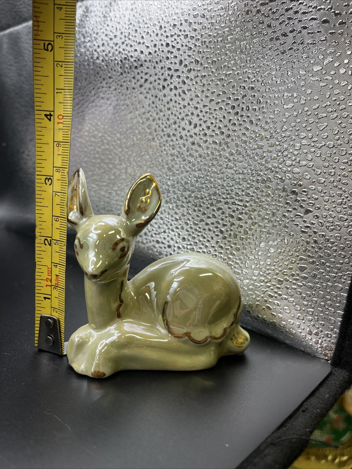 Vintage Cream and Gold Iridescent Ceramic Fawn Deer Figurine Gold Trim