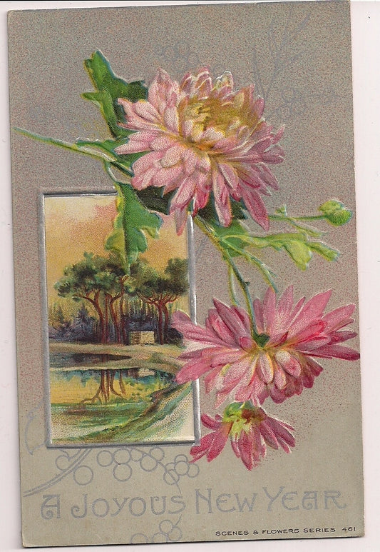 A Joyous New Year Scenes & Flowers Series 461  Postcard