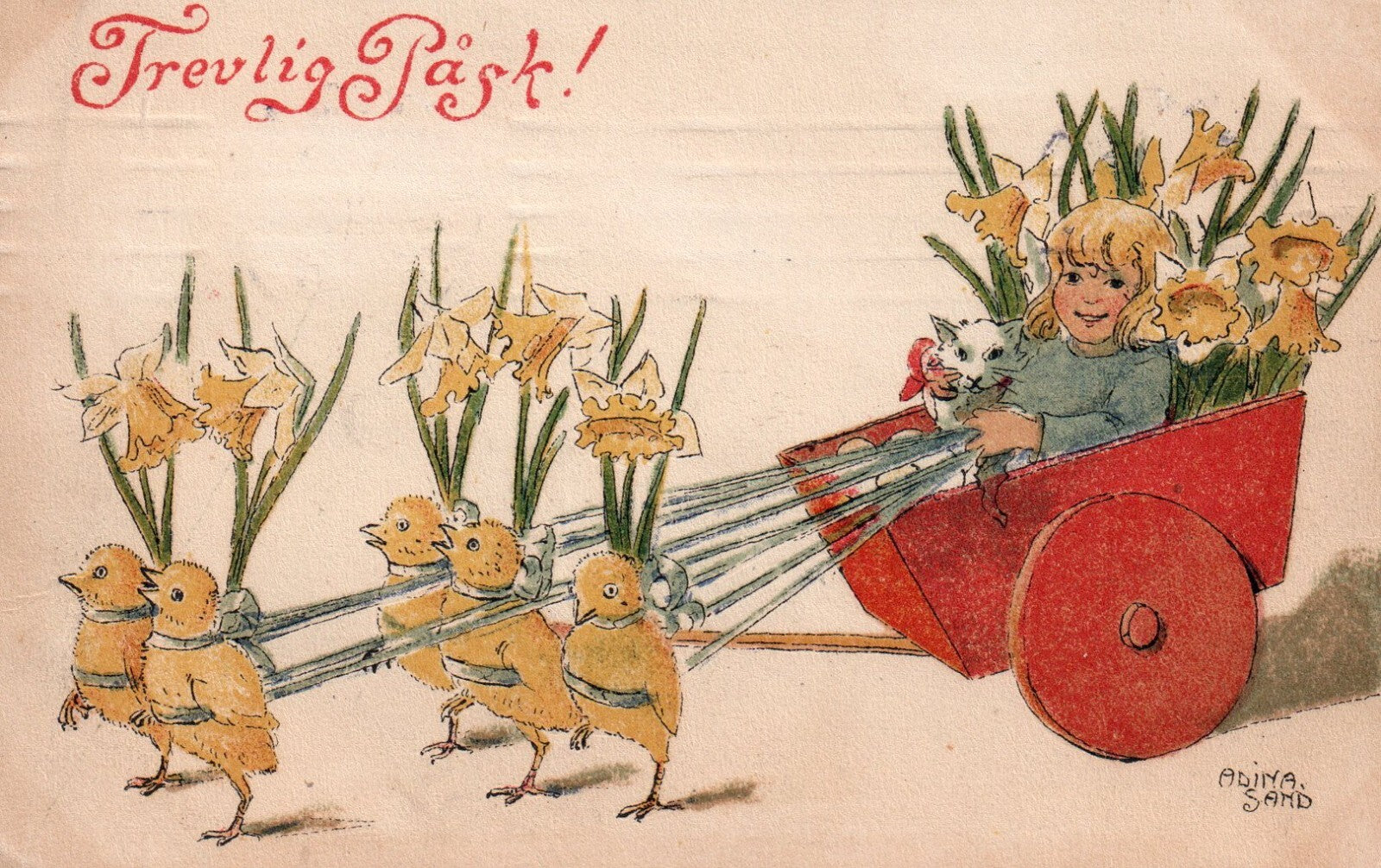 Glad Pask  Anida Sand Sweden Artist Girl Chicks pull cart Cat Easter Postcard