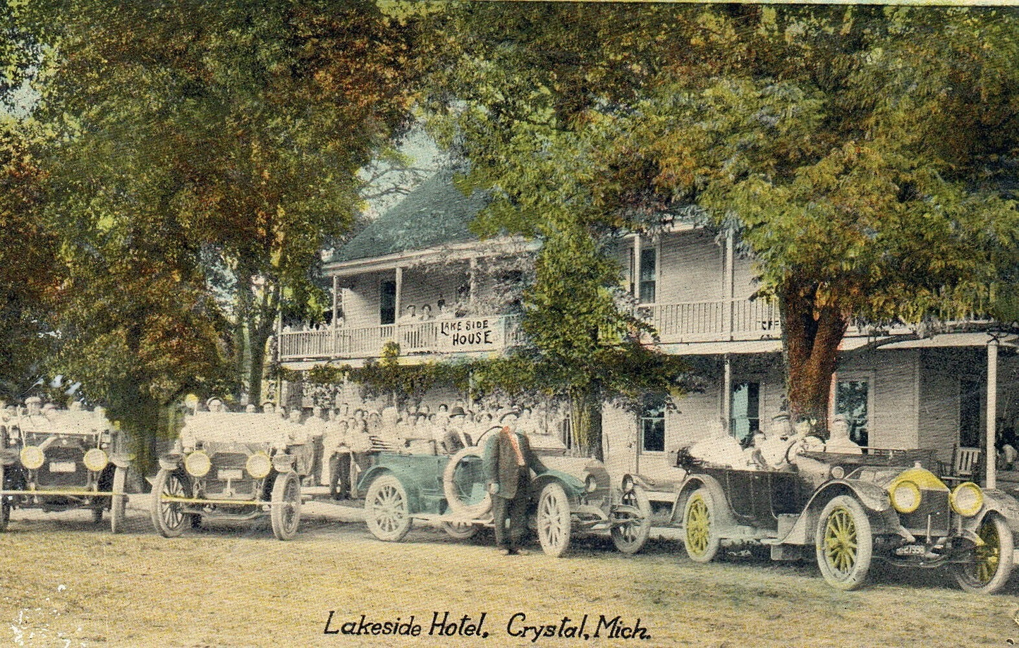 Men with Old Cars Outside Lakeside Hotel in Crystal MI Michigan Vintage Postcard