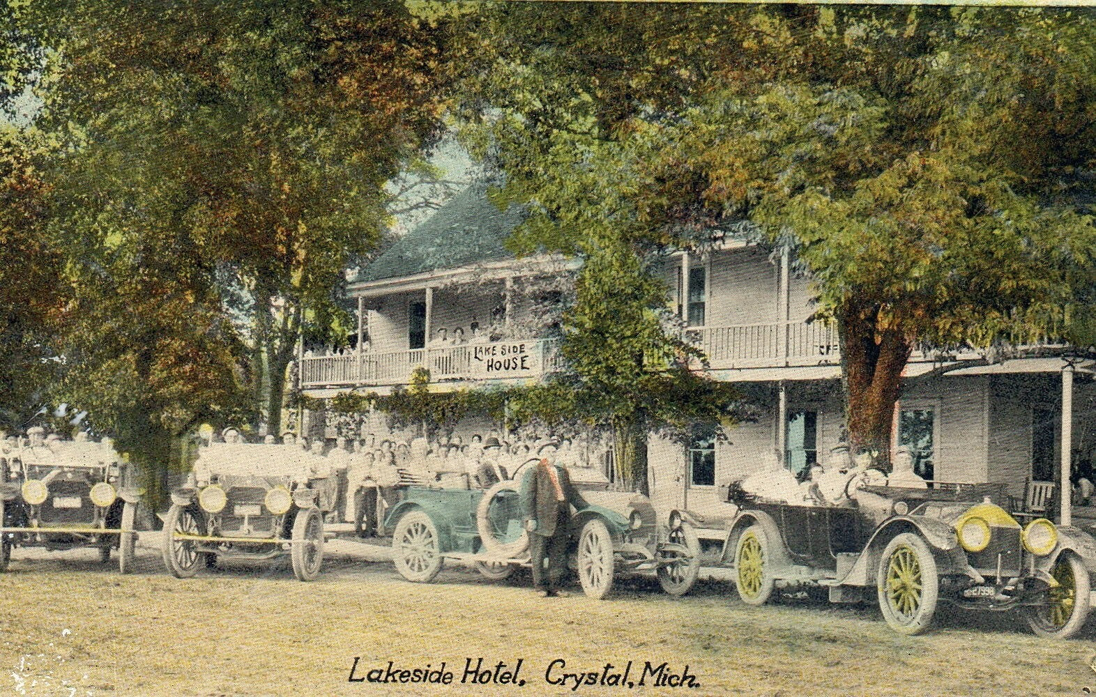 Men with Old Cars Outside Lakeside Hotel in Crystal MI Michigan Vintage Postcard