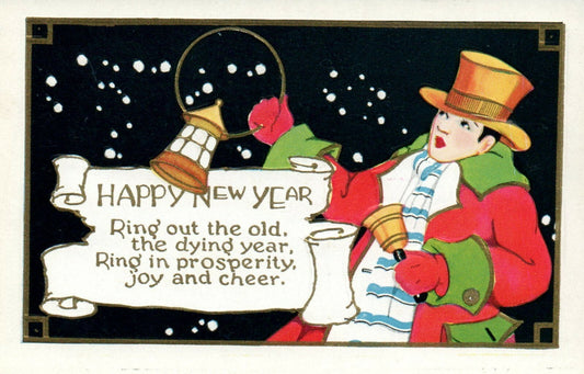 331 Man Ringing Bell Into New Year Snow Night Happy New Year Postcard 