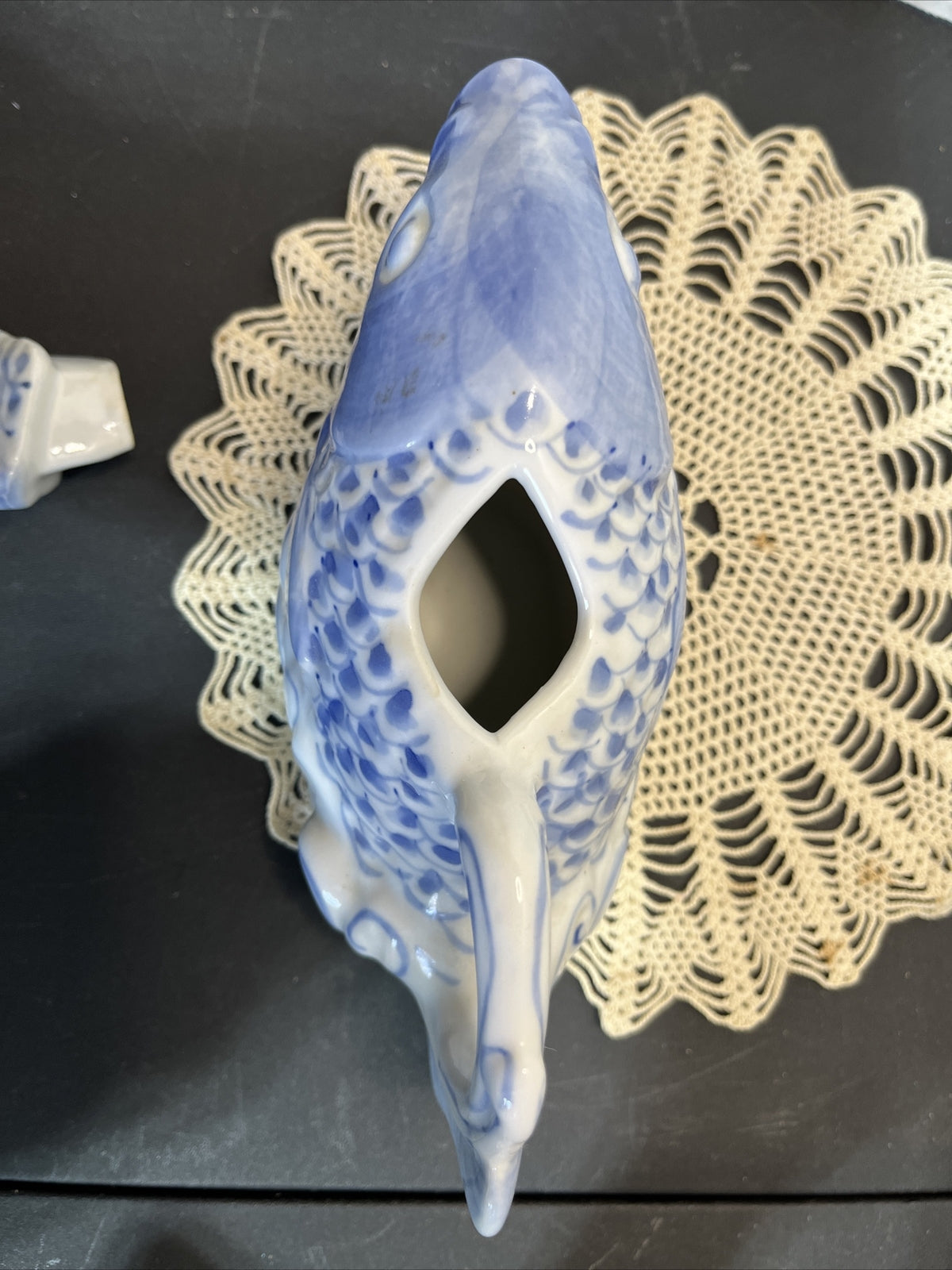 Vintage Handpainted Chinese Tea Pot Porcelain Koi Fish Shaped Pot w/ lid Blue