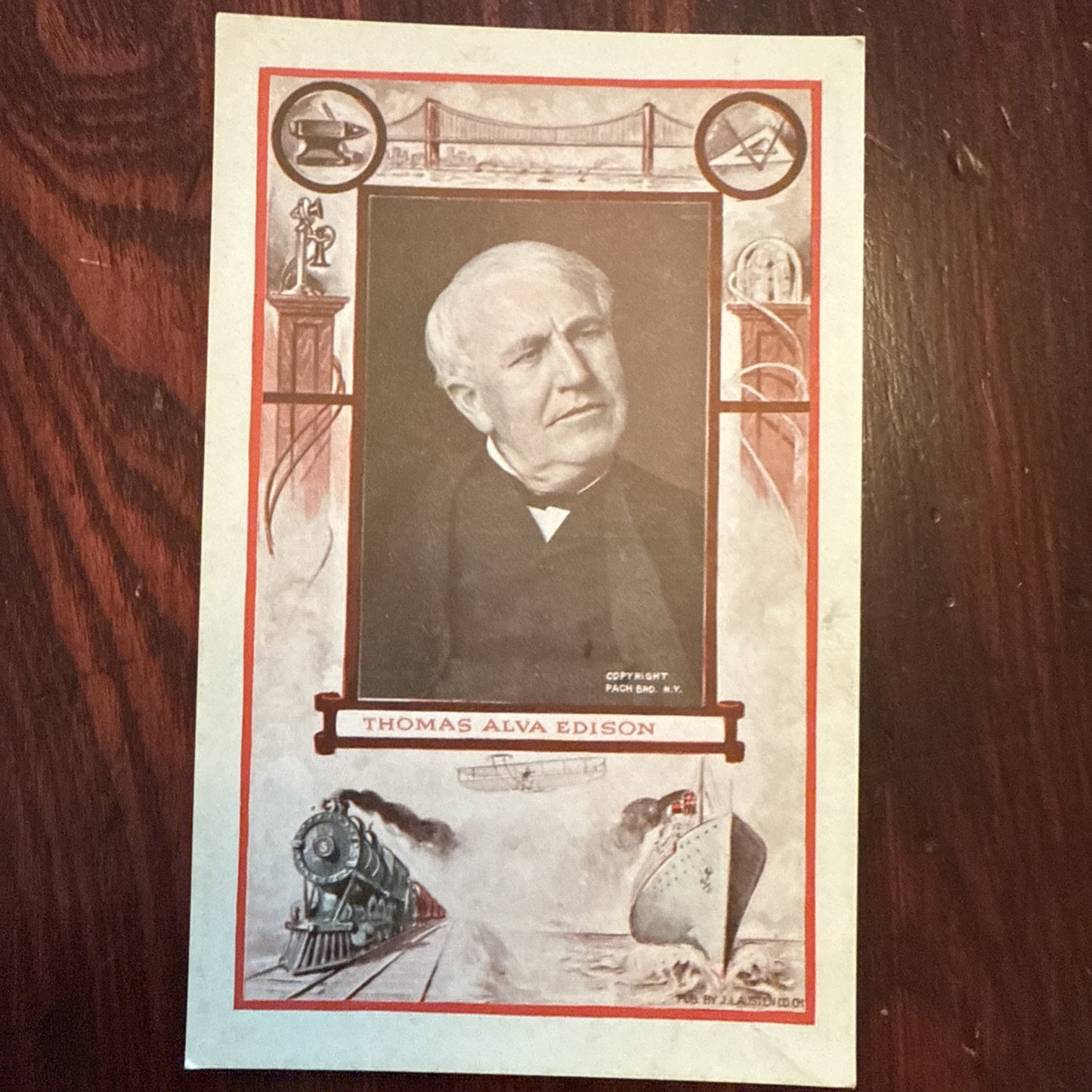 Thomas Alva Edison by J I Austen Postcard Anvil Ship Plane Train c1910's *Scarce